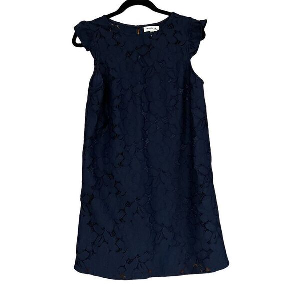 Monteau Dresses & Skirts - MONTEAU Navy Blue Lace Dress W/ Frill Sleeves Size Large